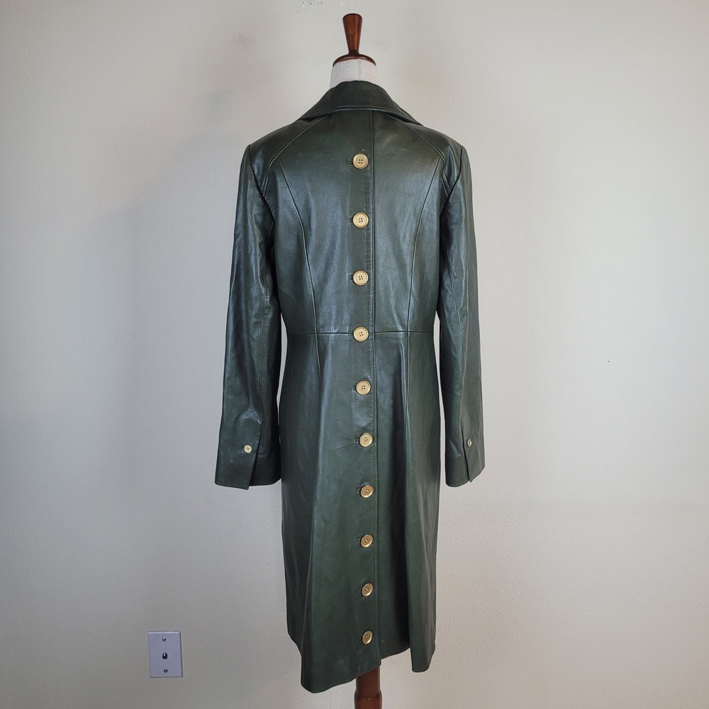 Per Se Trench Coat 10 Green Leather Longline Midi Button Back Equestrian Mod